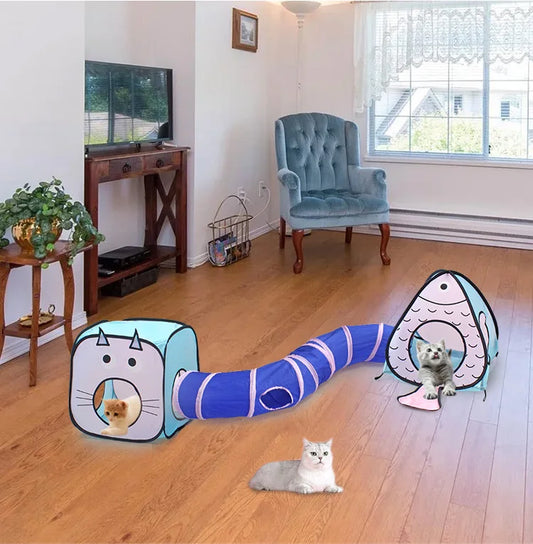 Katzenspielzeug Tunnel mit Katzenhaus – Interaktive Spielhöhle für Haustiere