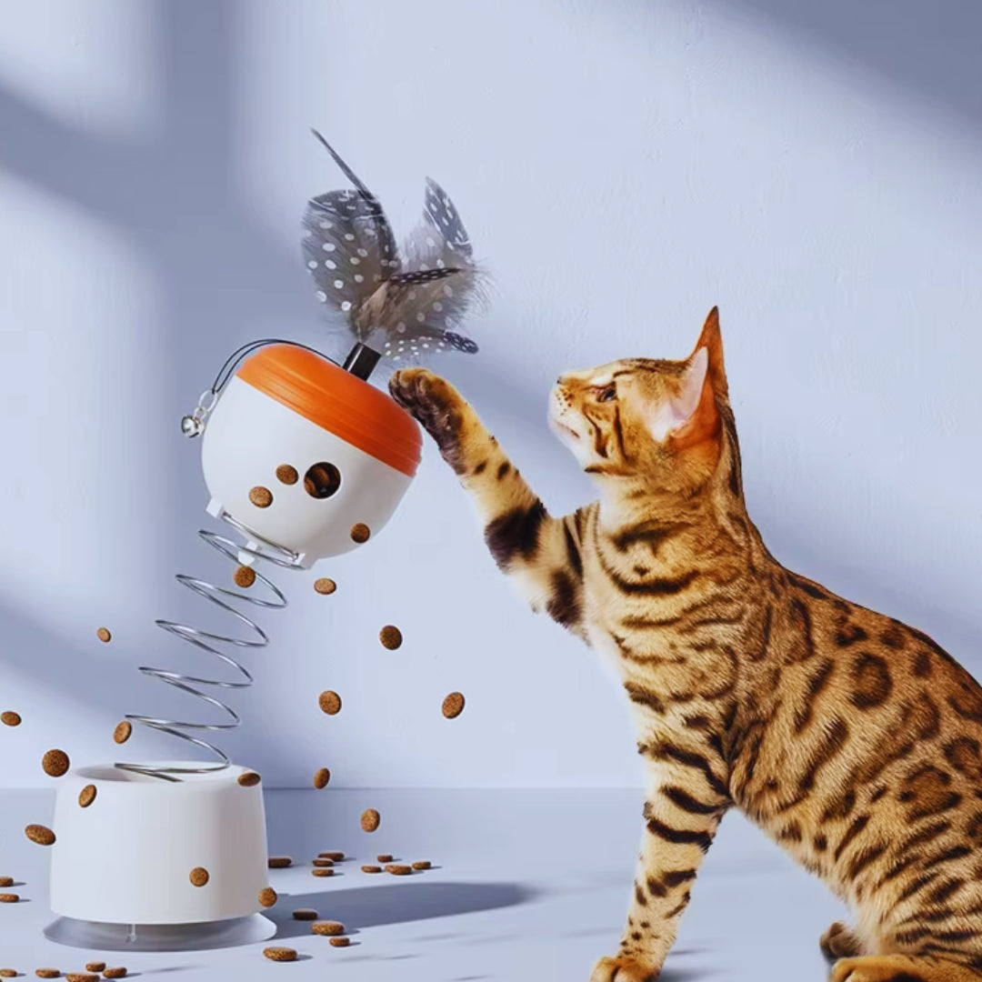 Intelligentes Katzenspielzeug mit Federn und Leckerli-Ausgabe – interaktives Spiel für Katzen