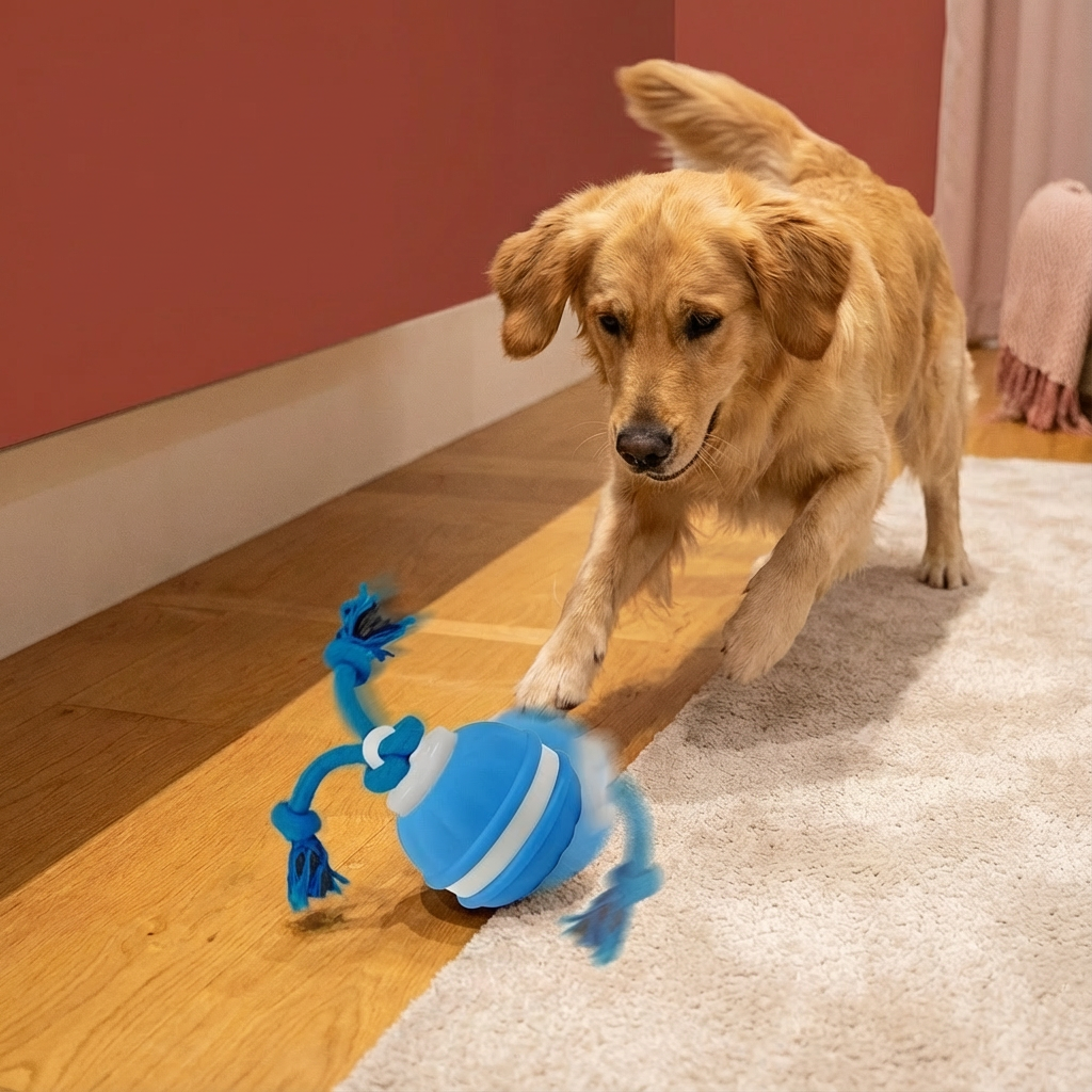 Robuster Hunde Spielball mit Bewegunssensor und Zugseil in Hundefarben