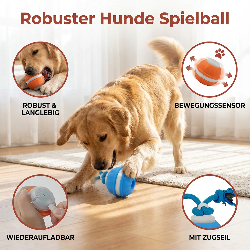 Robuster Hunde Spielball mit Bewegunssensor und Zugseil in Hundefarben