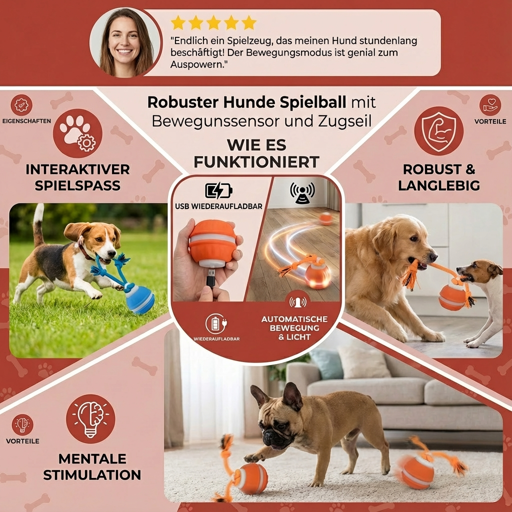 Robuster Hunde Spielball mit Bewegunssensor und Zugseil in Hundefarben