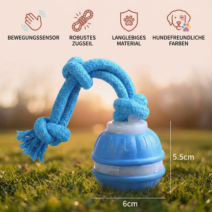Robuster Hunde Spielball mit Bewegunssensor und Zugseil in Hundefarben