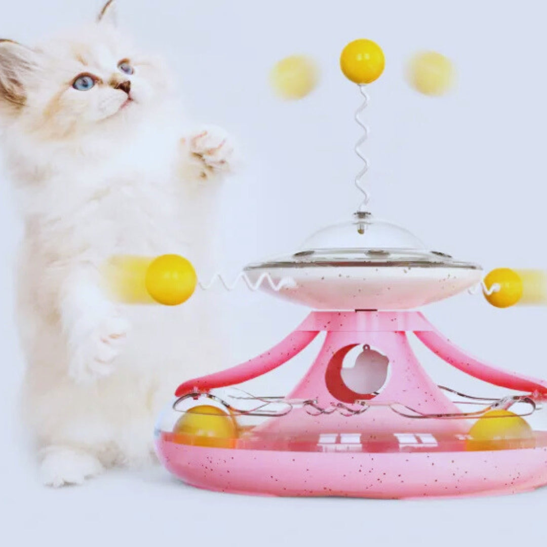 Interaktives Katzenspielzeug – UFO mit Feder und Bällen für stundenlangen Spaß