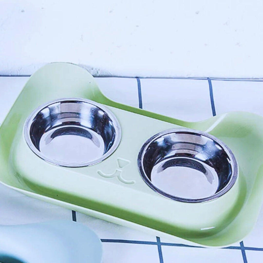 Hundenapfset Mit Zwei Edelstahl-Schalen – Praktische Futterstation Im Katzen-Design