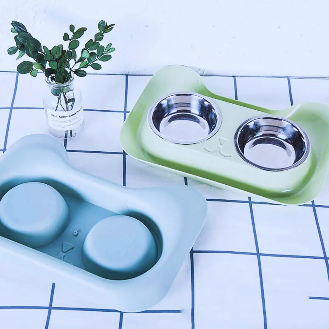 Hundenapfset Mit Zwei Edelstahl-Schalen – Praktische Futterstation Im Katzen-Design