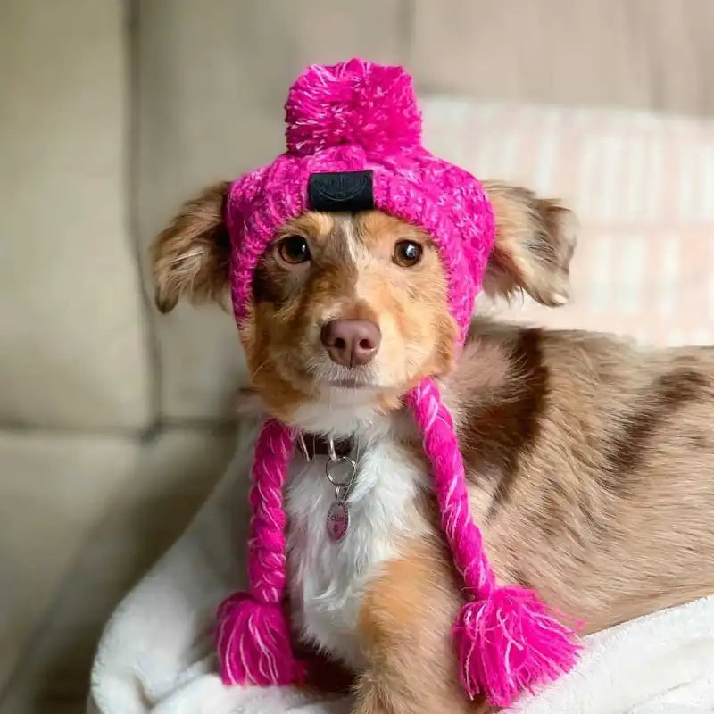 Strickmütze für Haustiere mit Pompon und Zopftasseln in Pink