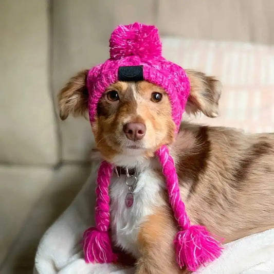 Strickmütze für Haustiere mit Pompon und Zopftasseln in Pink