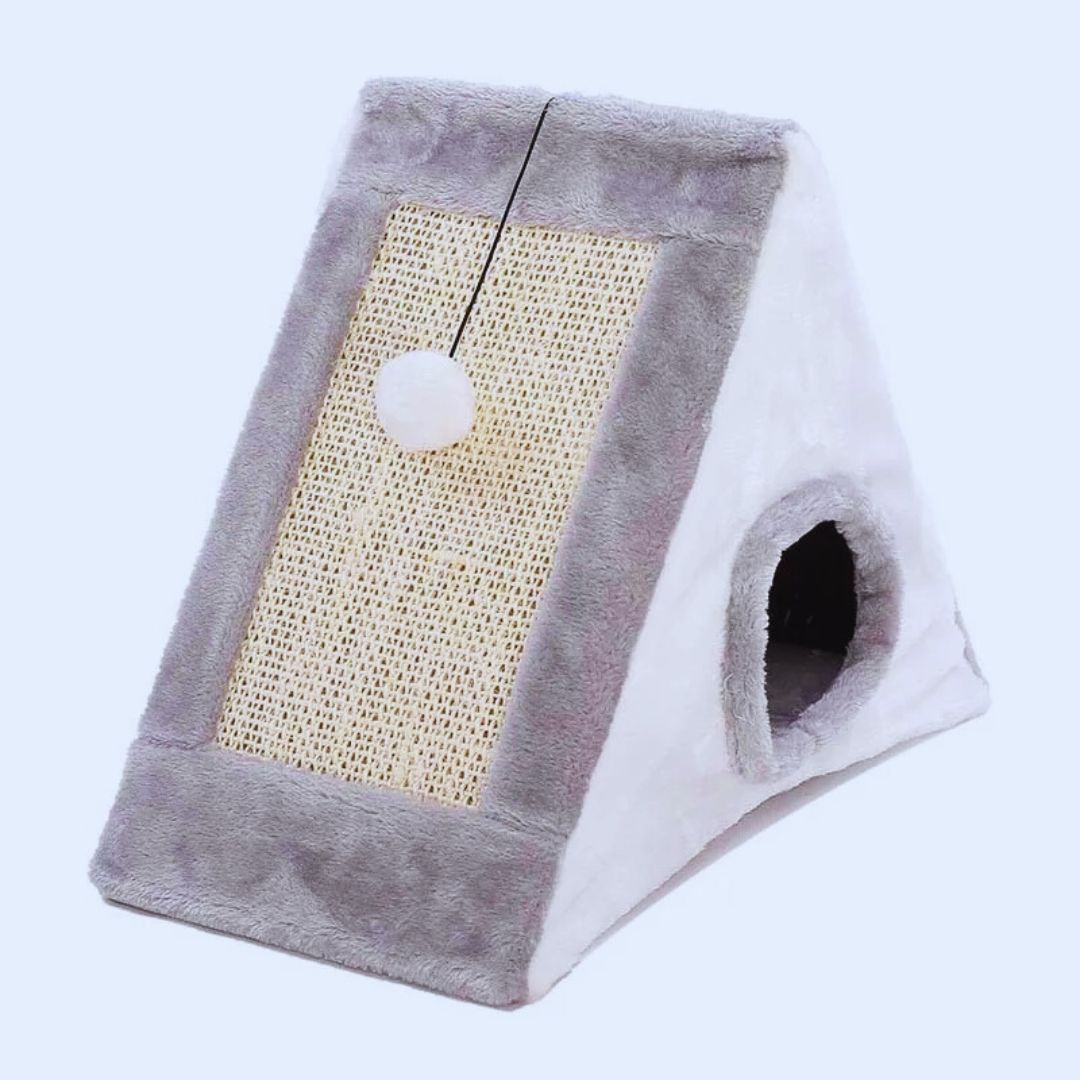 Katzenhaus in Zeltform mit Kratzfläche und Spielball für Drinnen