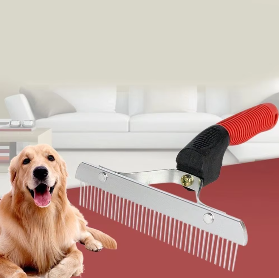 Fellpflege-Rake für Große Hunde mit Rotem Griff und Stabilen Edelstahlzinken