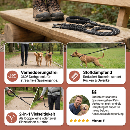 2-in-1 Hunde-Doppelleine mit 360° Drehgelenk – Verhedderungsfrei & Stoßdämpfend