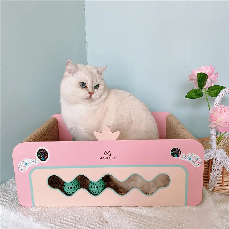 Katzen Kratzmöbel mit Spielzeug, Kratzbrett für Katzen, Kratzbox in Rosa