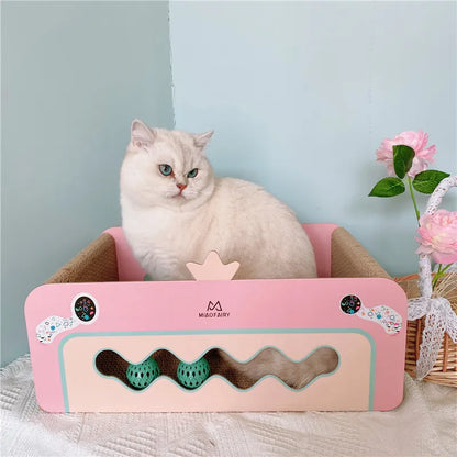 Katzen Kratzmöbel mit Spielzeug, Kratzbrett für Katzen, Kratzbox in Rosa