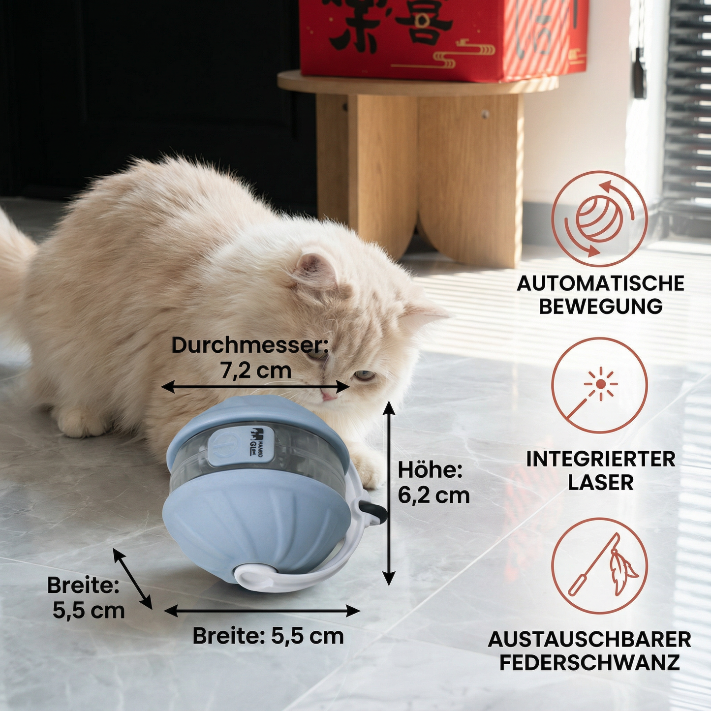 3in1 Interaktiver Katzen Laser Spielball mit Federschwanz