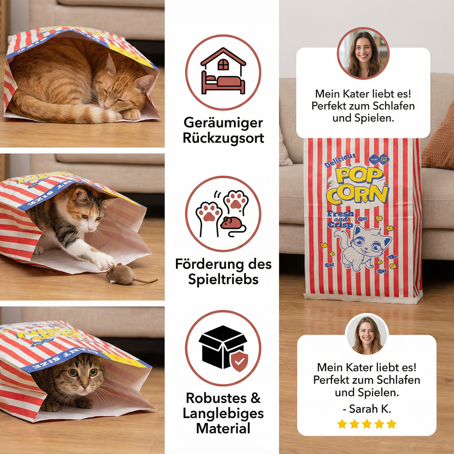 Katzen Schlaf & Spiel Karton Popcorn Tüte
