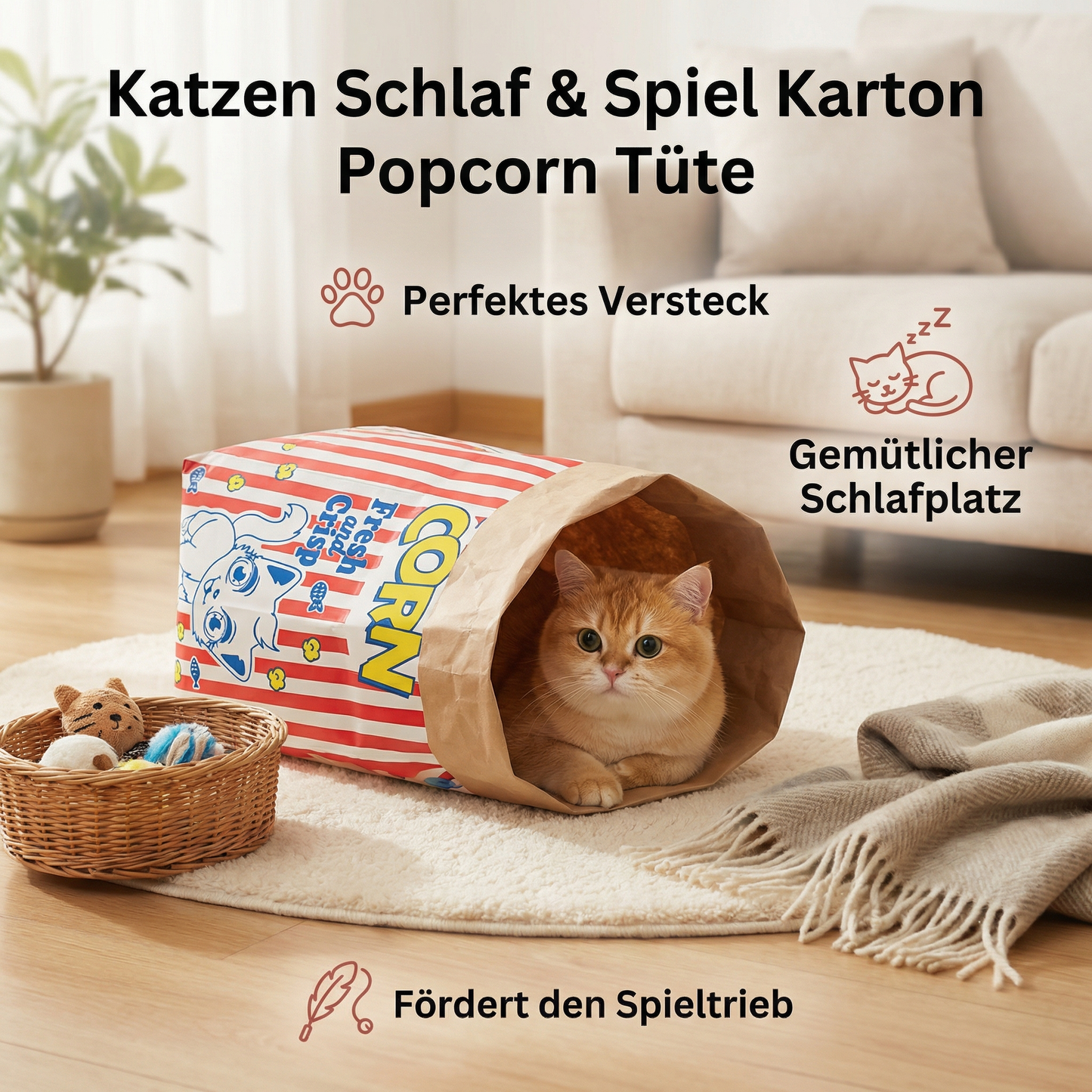 Katzen Schlaf & Spiel Karton Popcorn Tüte
